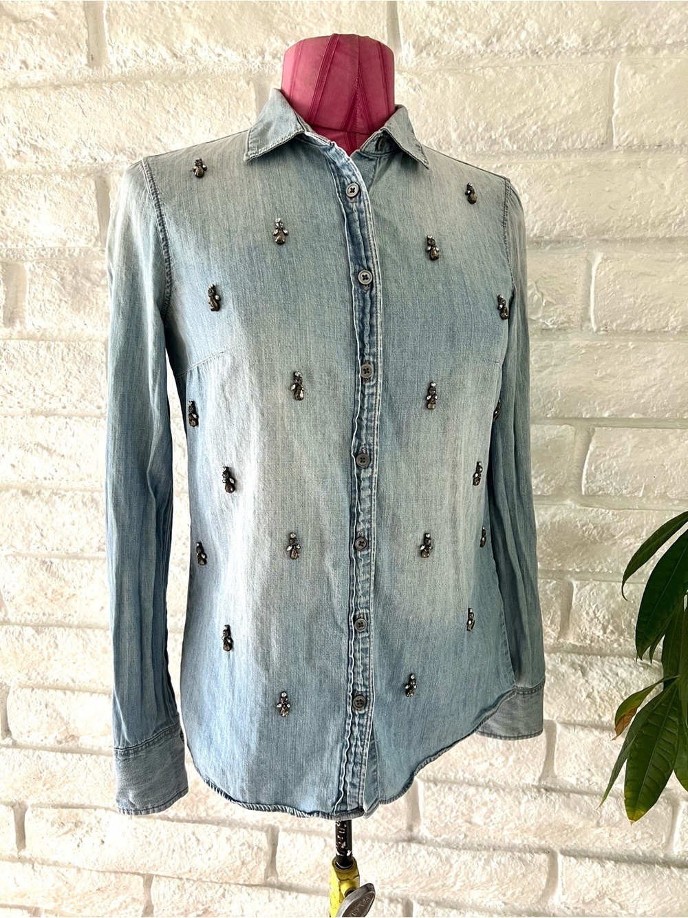 J. Crew Light Blue Beaded Denim Button Down Shirt Size 0